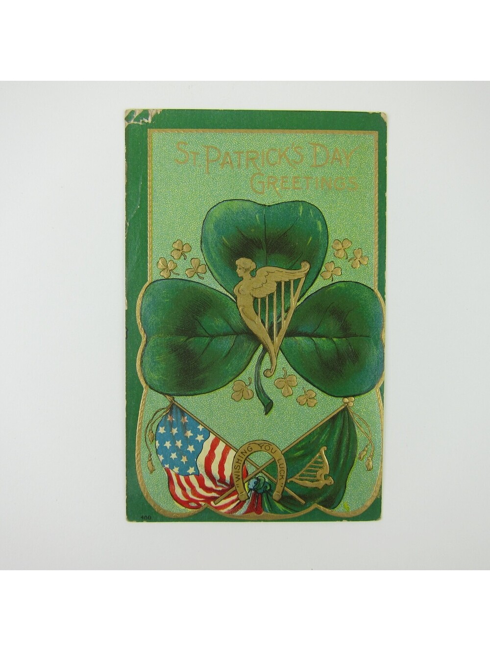 St Patricks Day Postcard Shamrock Gold Harp Horseshoe American Flag Antique 1910